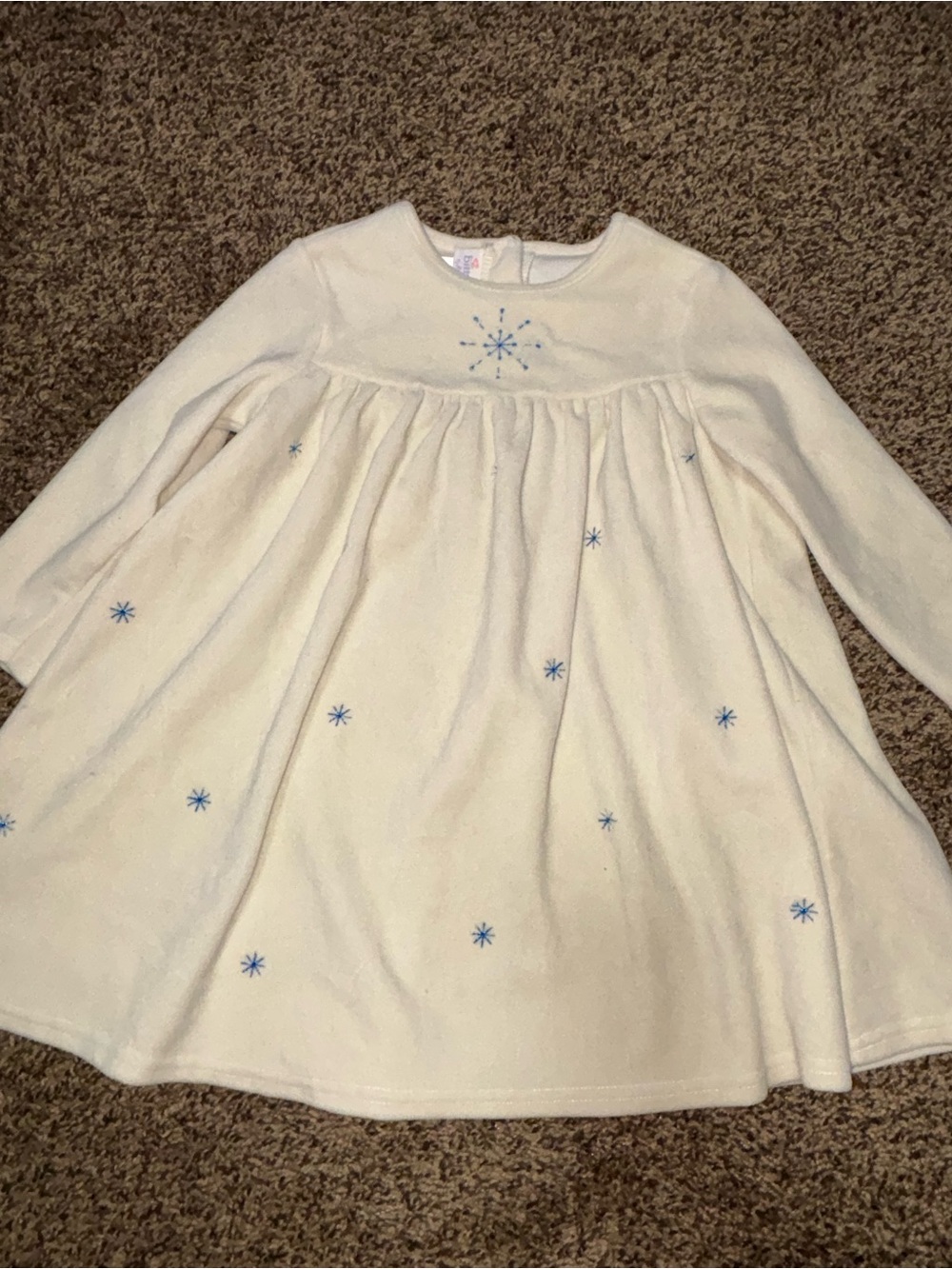 Ivory Long-Sleeve Girls Casual Dress with Blue Snowflake Embroidery